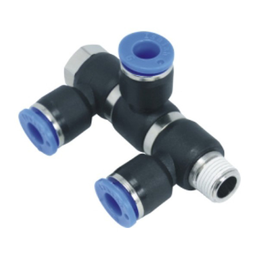 Picture of IPHT08-02(3) - Male Banjo Tripple Tee Push In Fitting - Tube To Male Thread - Technopolymer - 8 mm Tube To 1/4"