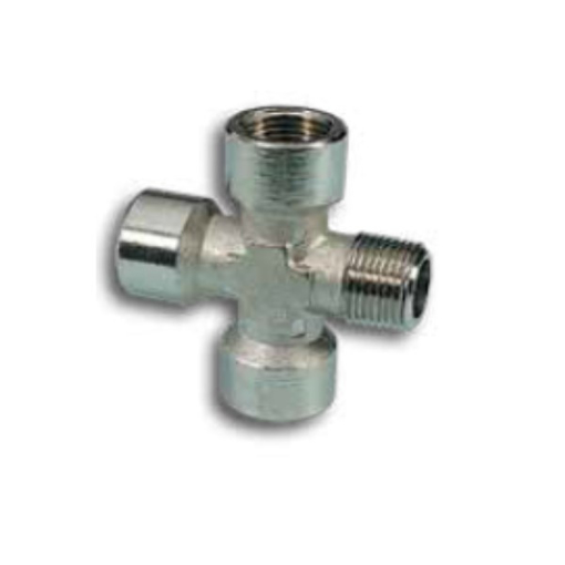 Picture of 12012 - Cross Piece - One Male Three Female - Nickel Plated Brass - 1/2"  